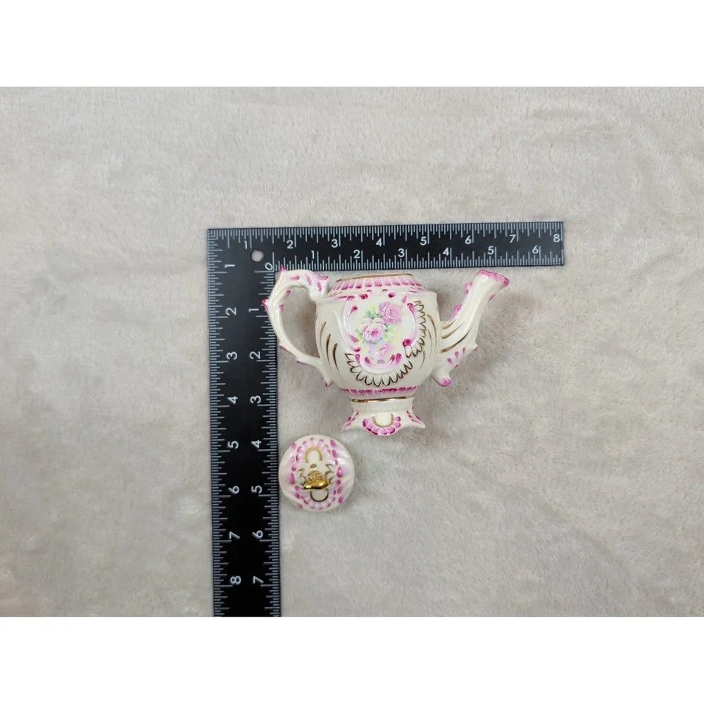 Vintage Style Miniature Porcelain Teapot Pink Floral Gold‎ Gilt Decorative Mini